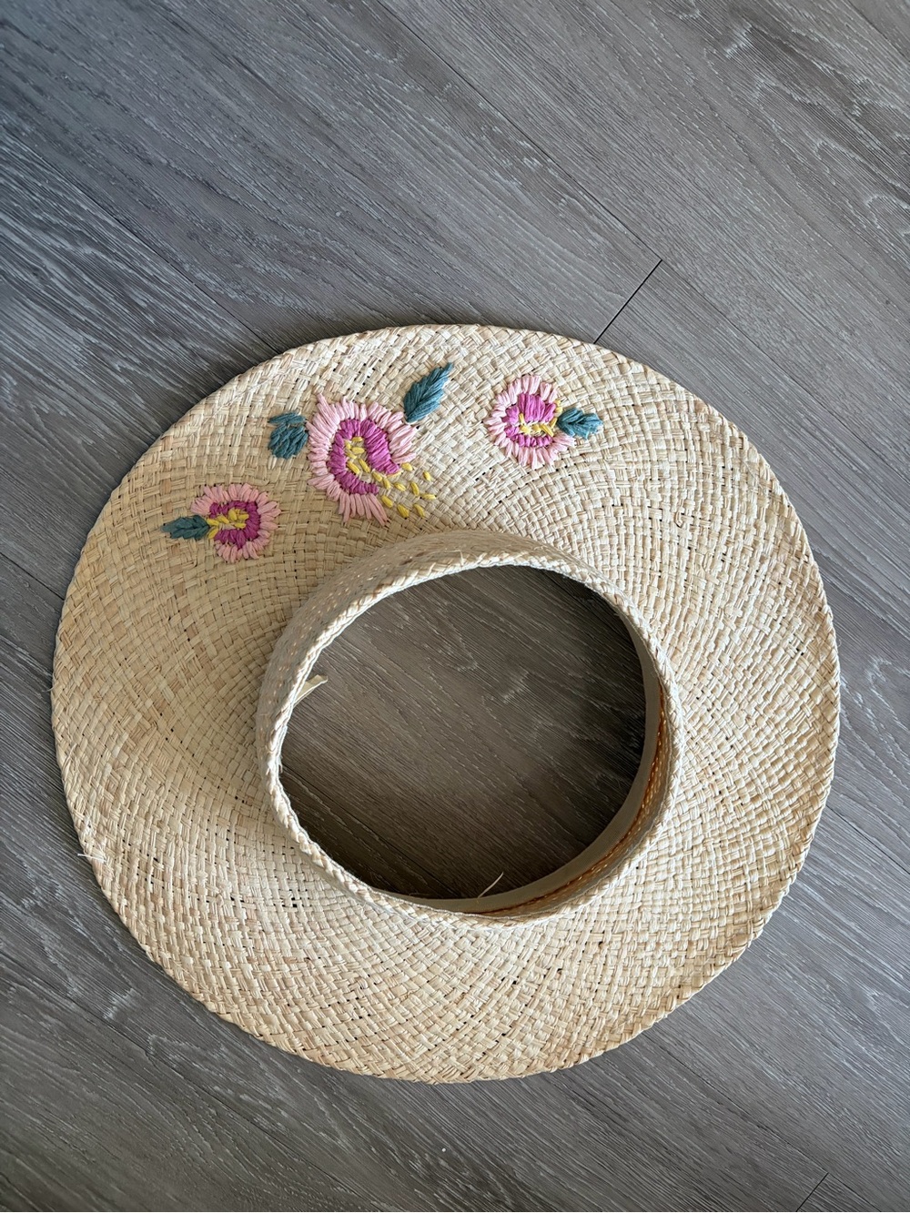 Agua Bendita Embroidered Straw Sun Hat with Pink Flowers